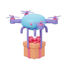 3D cartoon drone delivering a gift box for modern shipping or e-commerce. Isolated on transparent background, png