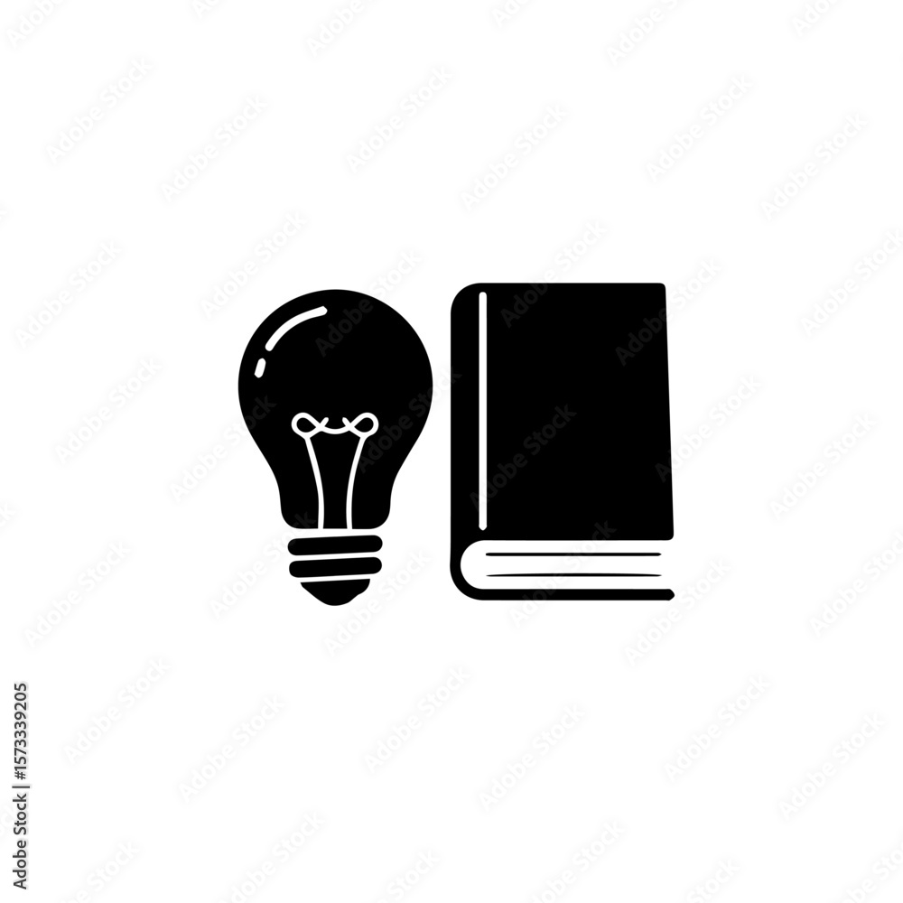 Aufkleber idea book icon illustration featuring lightbulb and closed textbook on plain backdrop. idea book con