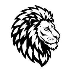 Lion head mascot in monochrome illustration. Lion head illustration in minimalist style displays majestic portrait of animal. Lion head silhouette works well for logo, emblem, print on t shirt.