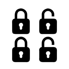 Four black lock icons, two locked and two unlocked, isolated on white background