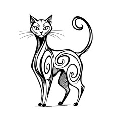 Obraz premium Stylized drawing of an elegant cat, an illustration with swirls and fine lines. Detailed stylized cat with spiral pattern, standing gracefully and alertly, in ink.