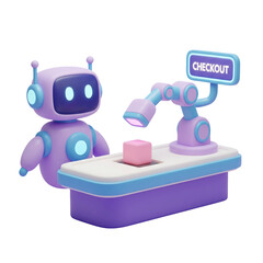 3D robot at an automated checkout counter with a robotic scanner. Isolated on transparent background, png