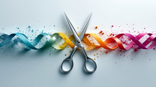 Scissors cutting colorful twisted ribbon with scattered particles symbolizing creativity, decision-making and symbolic transformation, Generative AI