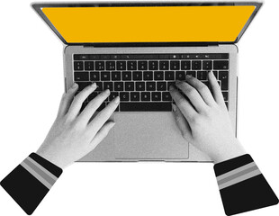 Hands on the keyboard. Modern collage with halftone hands and laptop.	