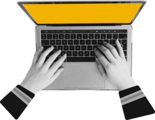 Hands on the keyboard. Modern collage with halftone hands and laptop.	