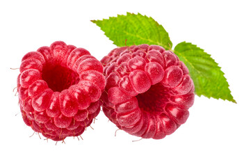 Raspberries with green leaves. Natural oganic healthy food ripe fruit, isolated. PNG.