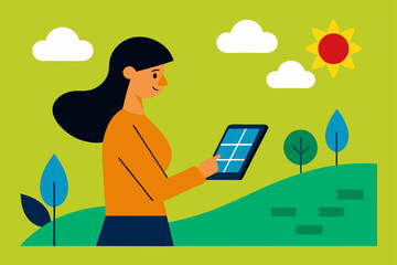 woman monitoring solar battery on a tablet in fiel 