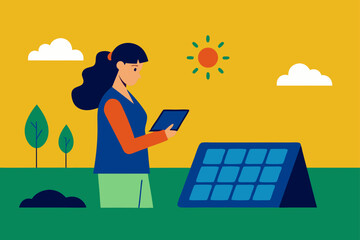 woman monitoring solar battery on a tablet in fiel 