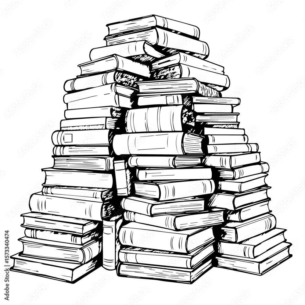 Aufkleber stack of books makes a tall pile with different sizes in black and white. stack of books presents an