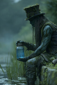 Slavic Vodnik Water Spirit with Mossy Top Hat and Glowing Blue Jar