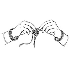 Raksha Bandhan line art illustration shows hands tying rakhi, a traditional wristband, as part of this special Hindu celebration.