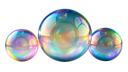 Three iridescent bubbles with rainbow reflections create a vibrant, abstract composition against a clean transparent background
