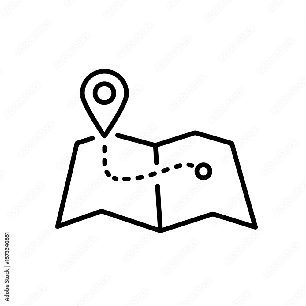 Poster minimalist route map illustration showing destination, and dotted line, route map with location pin.