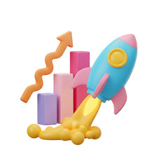 3D rocket launching alongside a rising bar graph, symbolizing business growth. Isolated on transparent background, png