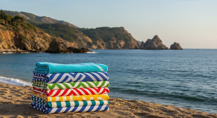 Colorful striped towels stacked on beach with rocky coastline and ocean view. Summer vacation essentials for coastal travel and beach holiday comfort