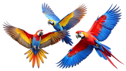 Fototapeta premium Three vibrant macaws in flight showcase their brilliant plumage against a stark transparent background, capturing the essence of tropical beauty