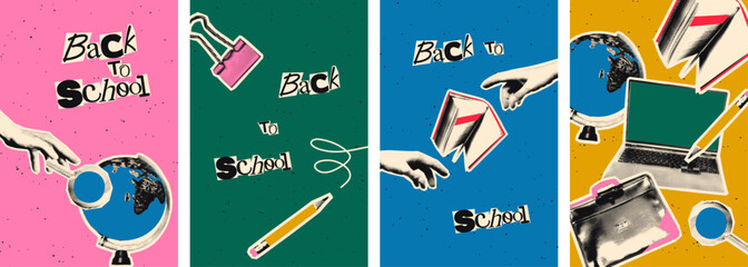 Back to school vertical banner templates set with halftone collage elements, education concept. Modern retro mixed media vector illustration for flyer, brochure, poster, card, sale, advertising