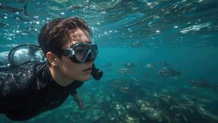 Fototapeta premium A diver explores the ocean depths, observing the marine environment.