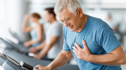 Obraz premium Older man clutching chest in visible heart pain while exercising on treadmill at gym symbolizing health risk and emergency warning, Generative AI