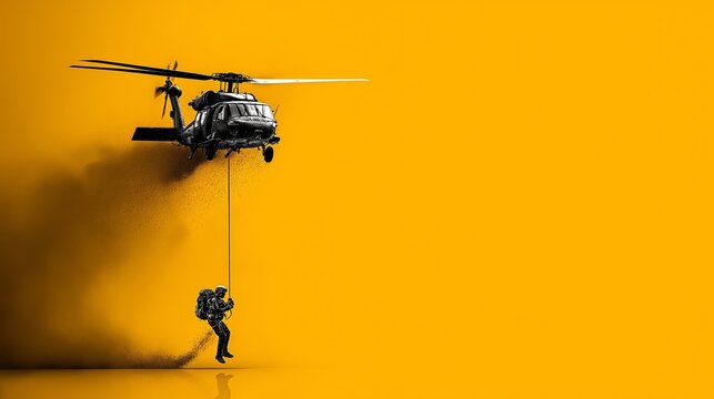 Special forces soldier rappelling from military helicopter against yellow background symbolizing tactical action, urgency and vertical deployment, Generative AI