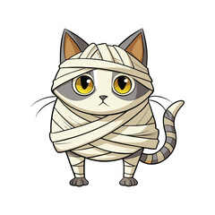Funny mummy cat wrapped in toilet paper vector illustration, cute Halloween humor design, white background, cartoon style for kids and adults, printable art.