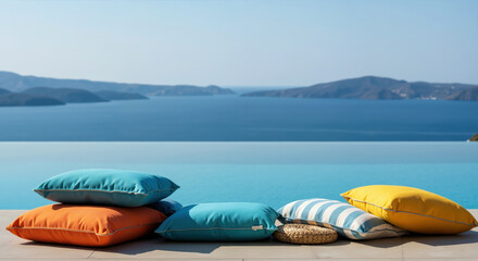 Colorful outdoor cushions on terrace overlooking blue sea and mountains. Summer relaxation and patio decor for outdoor living and vacation rental