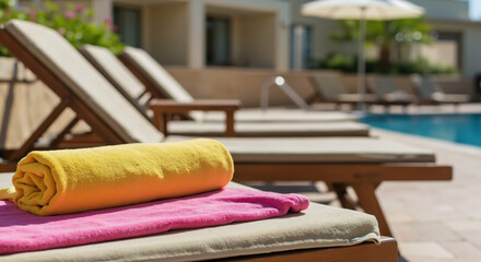 Colorful towels stacked on poolside lounger with swimming pool background. Summer relaxation and resort amenities for vacation leisure and poolside comfort
