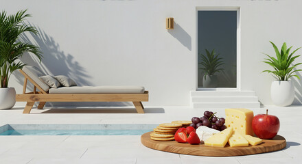 Cheese platter with fruits on wooden board by swimming pool. Gourmet food and luxury dining for poolside entertainment and summer party catering