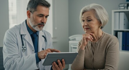 Concerned doctor explaining diagnosis to elderly female patient using a digital tablet device.