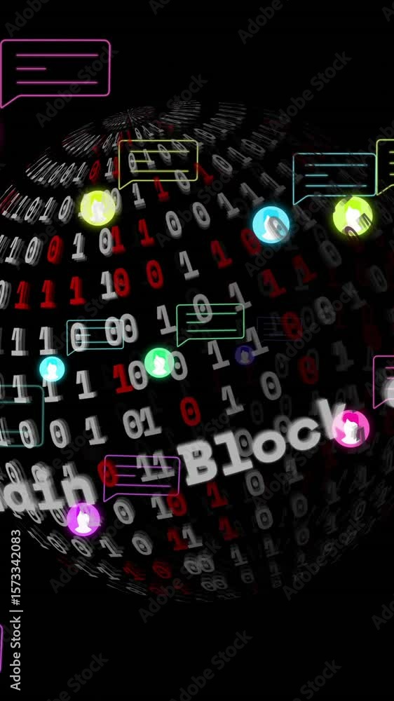 Poster animation of block chain text, binary coding and digital data processing over globe