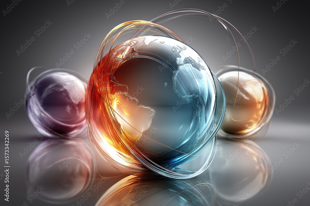 Poster glowing digital globes with orbiting energy lines symbolizing global technology, data networks and i