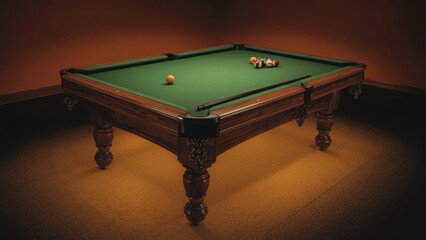 A top-down view of a pool table with balls racked and cues.