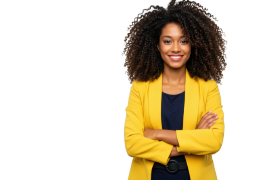 A smiling businesswoman in a yellow jacket poses confidently isolated on transparent background