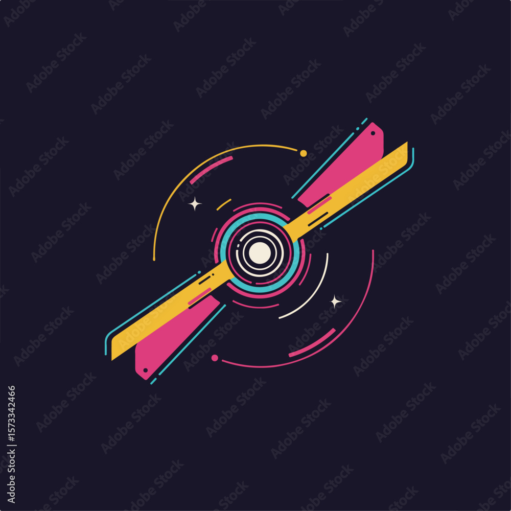 Poster abstract shape graphic with colorful geometric shapes and concentric circles, set against dark backg