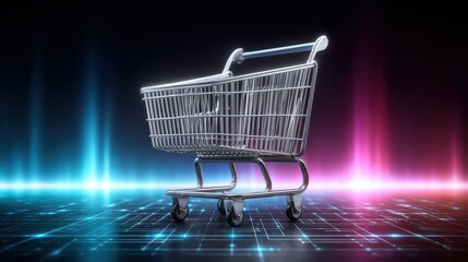Sleek metallic shopping cart on futuristic background