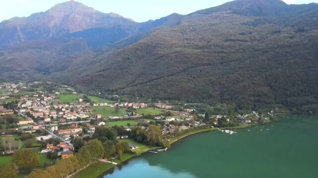 Aerial nature landscape near Colico village in Lake Como Italian Alps mountains in Lombardy