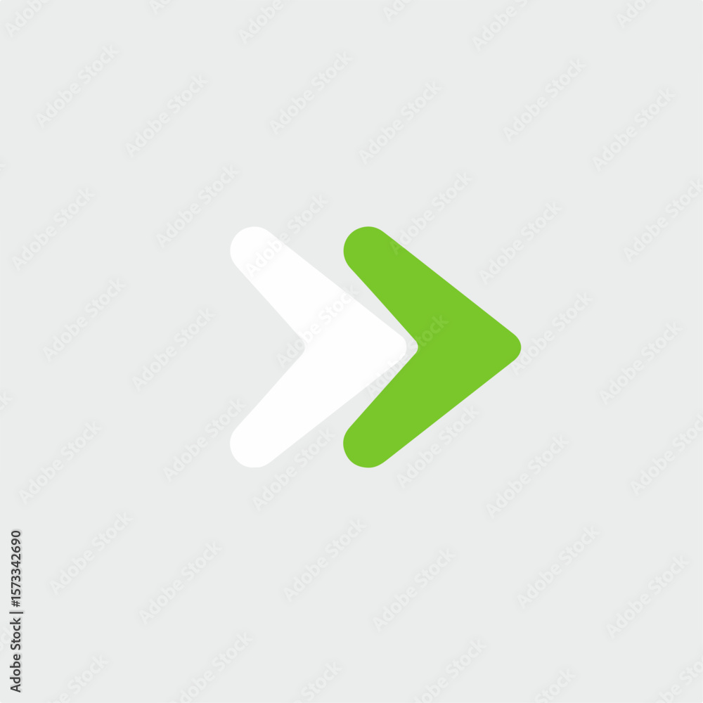 Poster forward direction illustration with green and white arrows on light grey background. forward directi