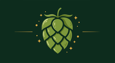 Green hop cone illustration with distinctive plant head for brewery ad, showcasing freshness and flavor. Hop cone art displays geometric shapes, augmented with sparkling stars.