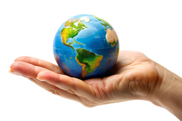 A hand gently holds a vibrant globe, symbolizing global care and environmental awareness isolated on transparent background