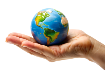 A hand gently holds a vibrant globe, symbolizing global care and environmental awareness isolated on transparent background
