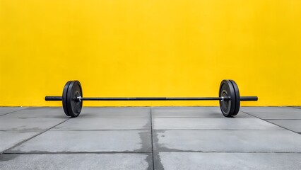 Modern Barbell with Weights on Gym Floor in Bright Yellow Fitness Studio