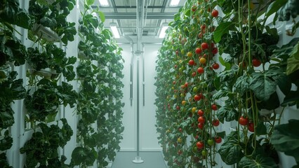 Rows of tomato plants thriving in a controlled, indoor agricultural environment, showcasing vertical farming.