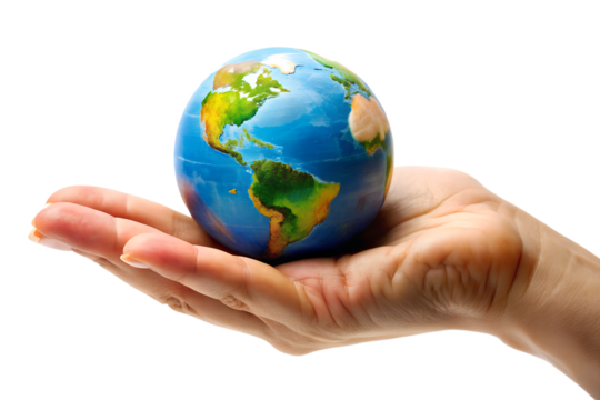 A hand gently holds a vibrant globe, symbolizing global care and environmental awareness isolated on transparent background