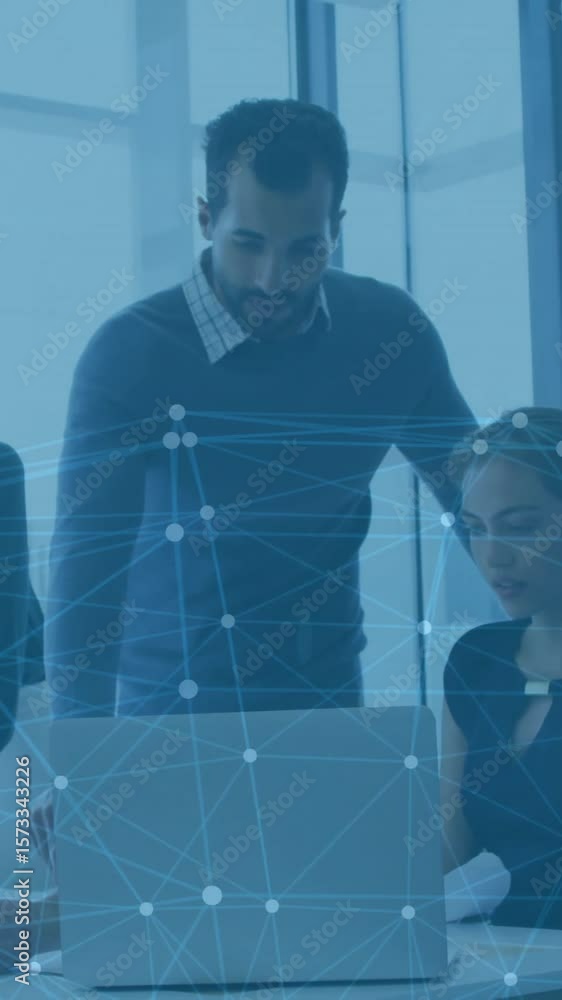 Poster network of connections and data processing animation over business meeting in office