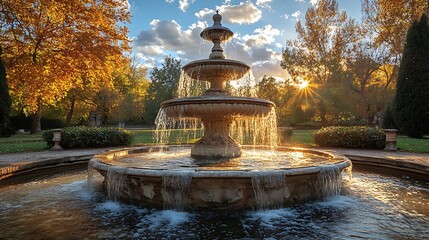 A tiered fountain cascades water in an autumn park.