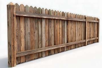 Photorealistic Render of a Rustic Brown and Gray Weathered Wooden Fence with Vertical Pickets and a Thick Top Rail