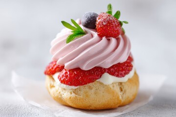 Dessert featuring a fluffy pastry topped with creamy pink frosting, fresh strawberries, and blueberries, beautifully presented on a light background, showcasing culinary artistry and indulgence