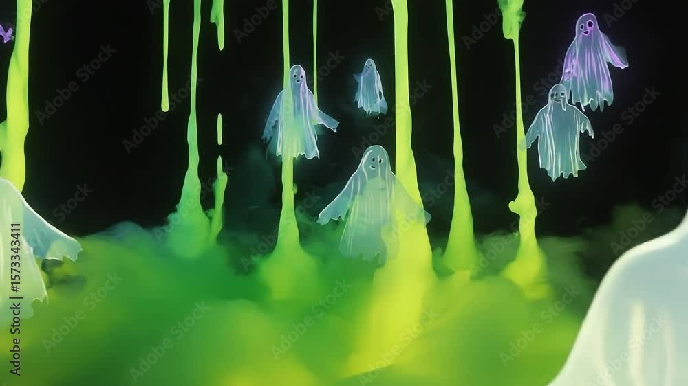Poster group of ghosts are walking through a green slime. the ghosts are all different sizes and are walkin