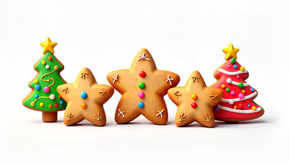 Naklejka premium Gingerbread cookies shaped like stars and Christmas trees with icing