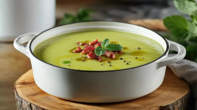 A bowl of warm, hearty lentil soup garnished with garlic and a sprinkle of pepper, served on a rustic wooden table.